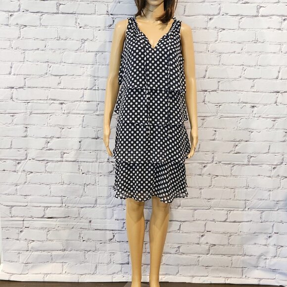 ROZ & ALI, Sleeveless navy blue polka dot ruffle tiered dress - Picture 4 of 11